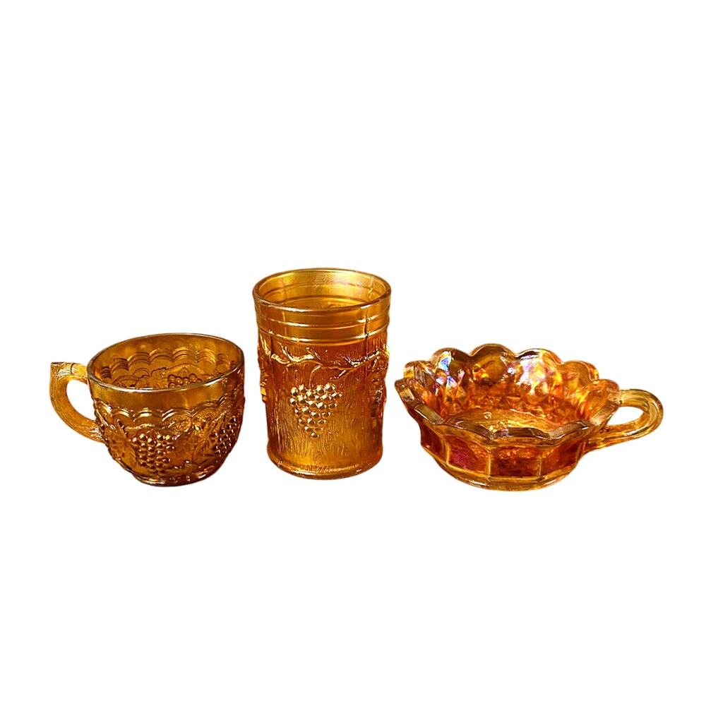 Vintage Marigold Carnival Glass Grape Pattern Cups & Handled Dish Set of 3